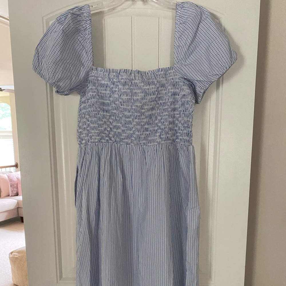 Jcrew blue and white striped midi dress. Pockes and front side slit. Size Large.